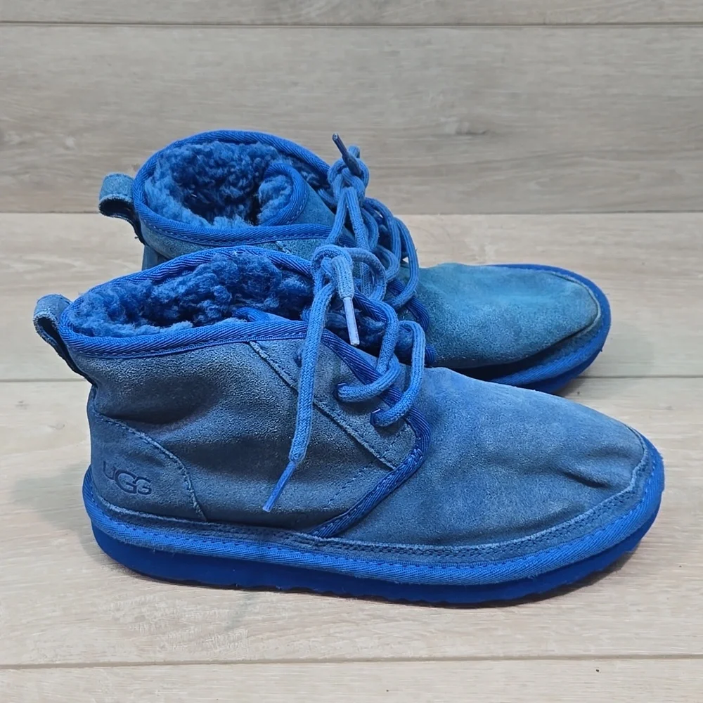 Ugg Australia Big Kids Blue Suede High Top Sheepskin Lace-Up Boots Shoes Sz 4